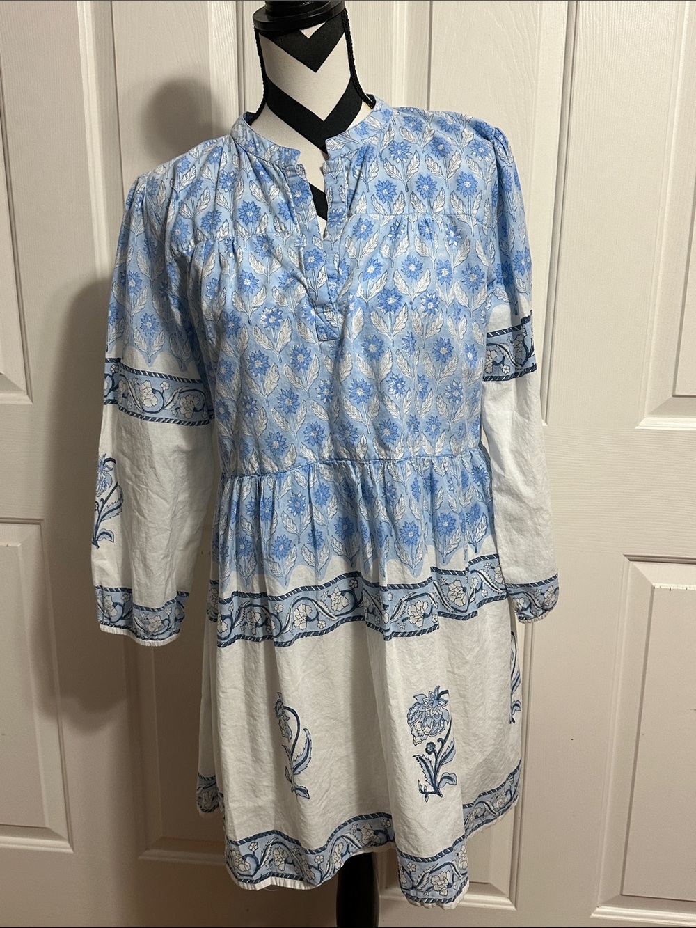 Madison Mathews Blue & White Printed Peasant Dress